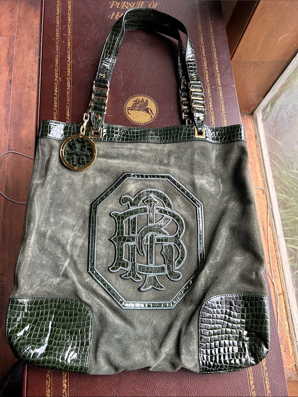 RARE Tory Burch Dark Green Suede Tote with Croc-Trim and Monogram Charm